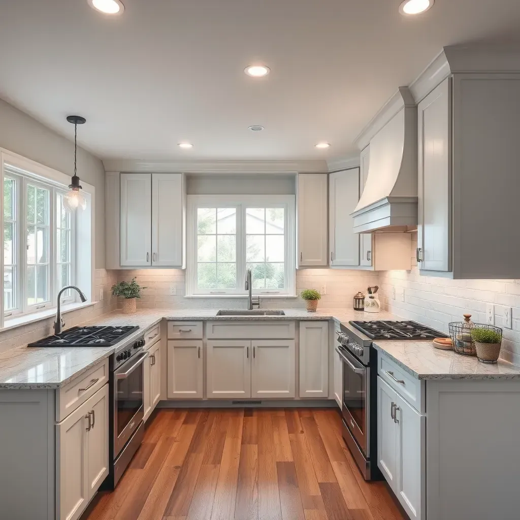 Modern coastal-style kitchen in Varina, VA featuring white shaker cabinets, navy accents, stainless appliances, and hardwood flooring.