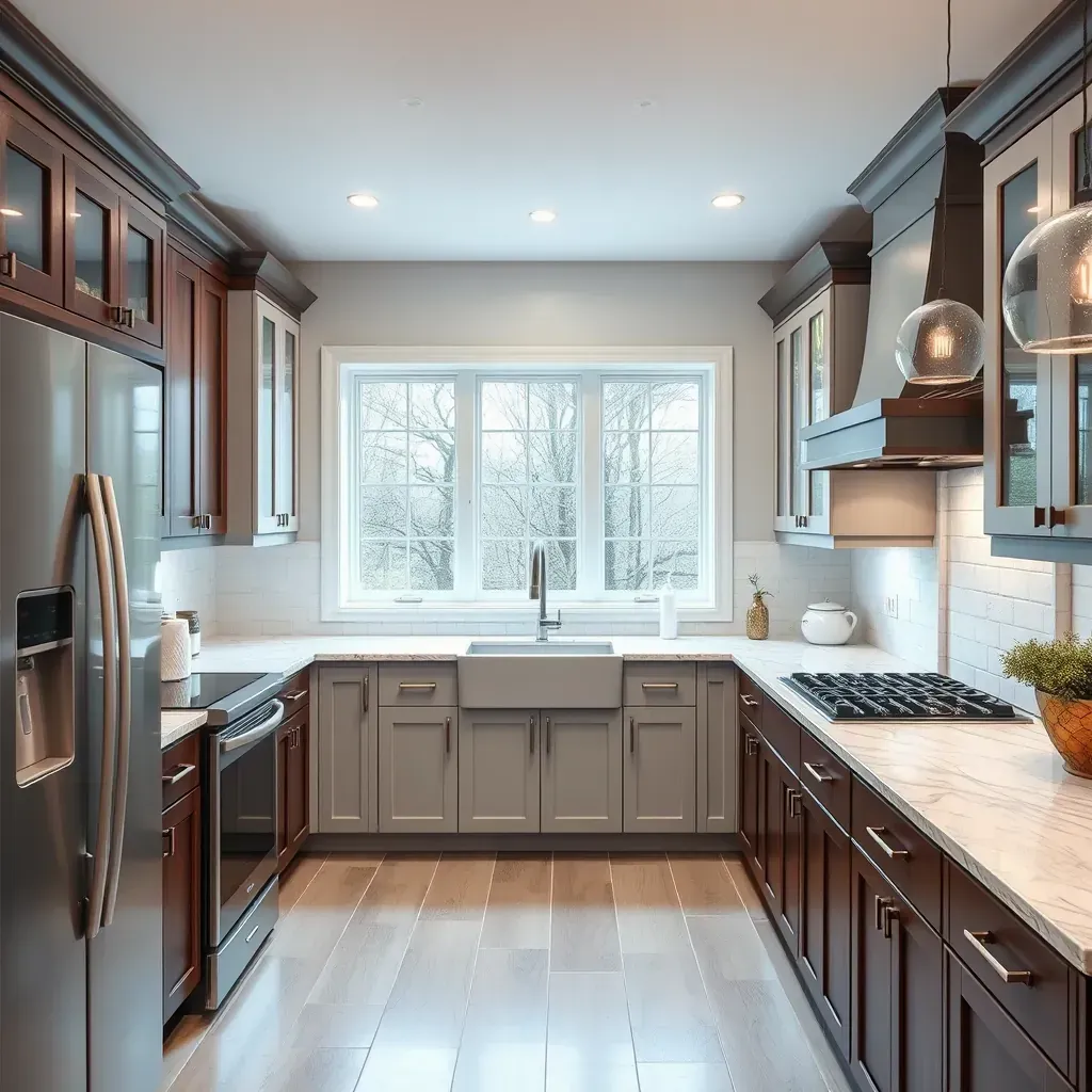 Modern Meadowbrook kitchen with white quartz countertops, navy blue cabinets, hardwood floors, stainless steel appliances, and a central island.