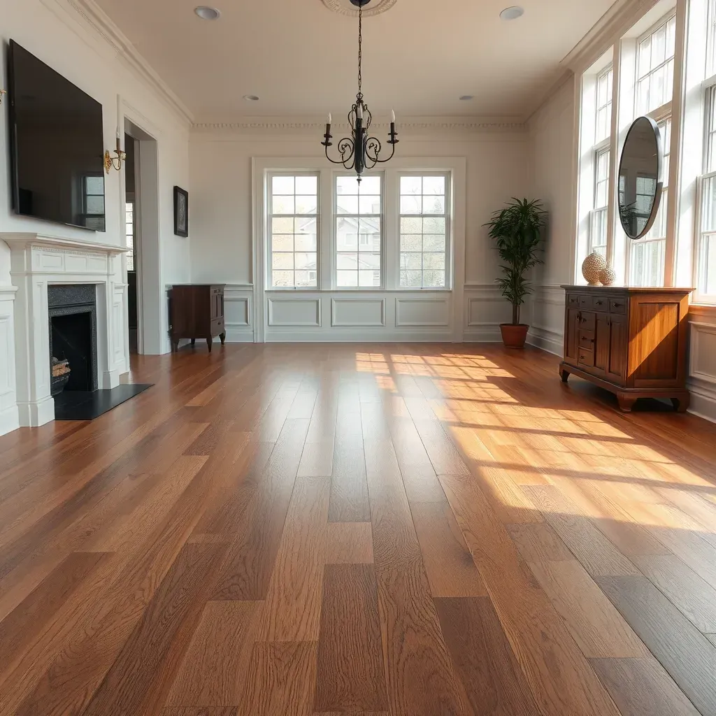 High-quality hardwood flooring in a Richmond, VA interior, showcasing rich wood grain, warm tones, and natural light.