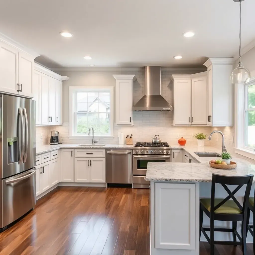 Modern Charter Colony, VA kitchen remodeled with white quartz countertops, gray cabinets, stainless appliances, subway tile backsplash, warm hardwood floors, bright natural light.