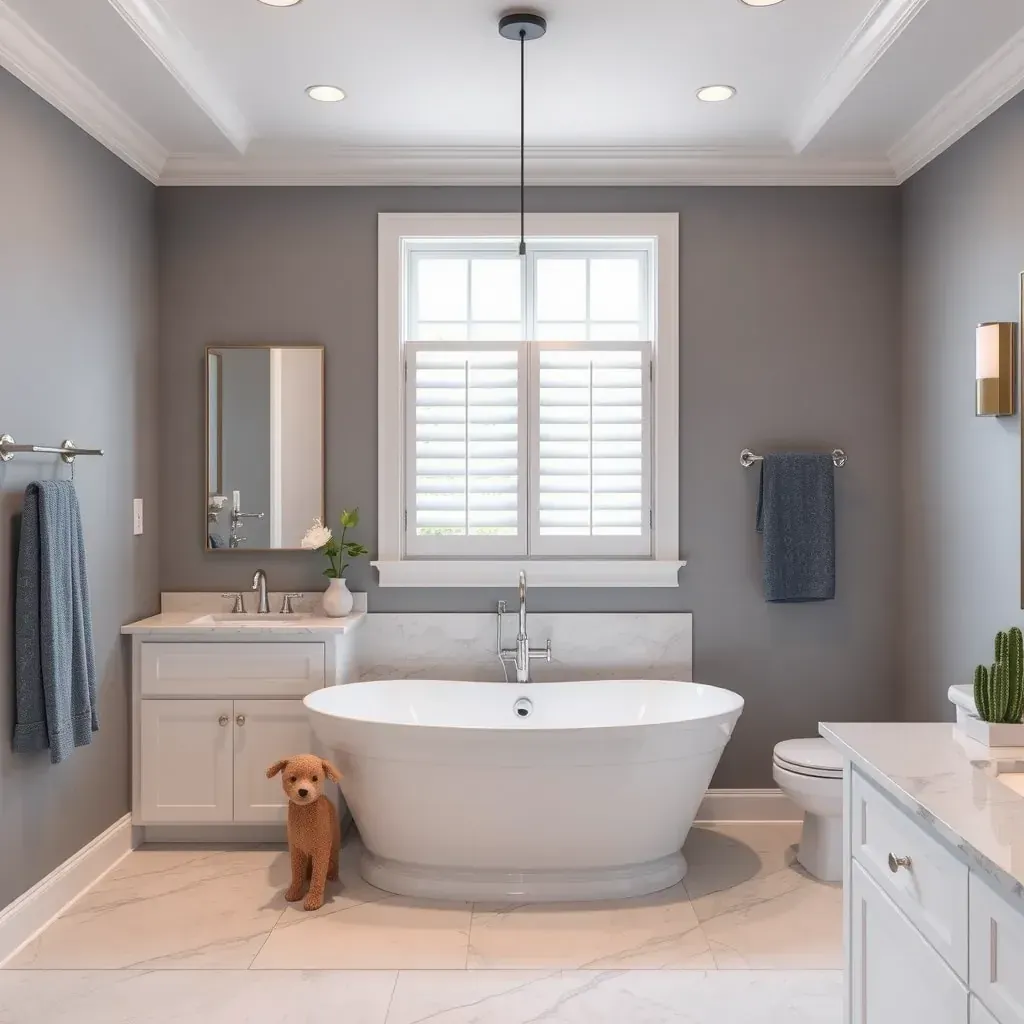 Modern Richmond bathroom with sleek fixtures, marble countertops, tiled walls, wood flooring, and cityscape views.