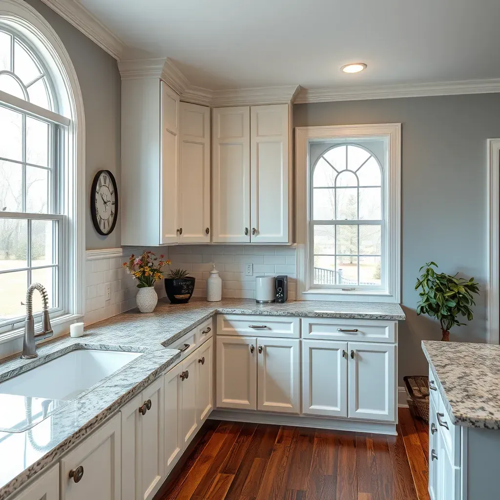 Home remodeling in Varina, VA: modern kitchen with new cabinets, granite countertops, appliances, hardwood floors, natural light.