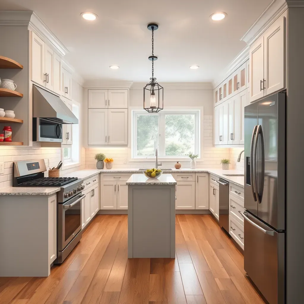 Modern Magnolia Green, VA kitchen with granite counters, shaker cabinets, stainless appliances, and hardwood floors.