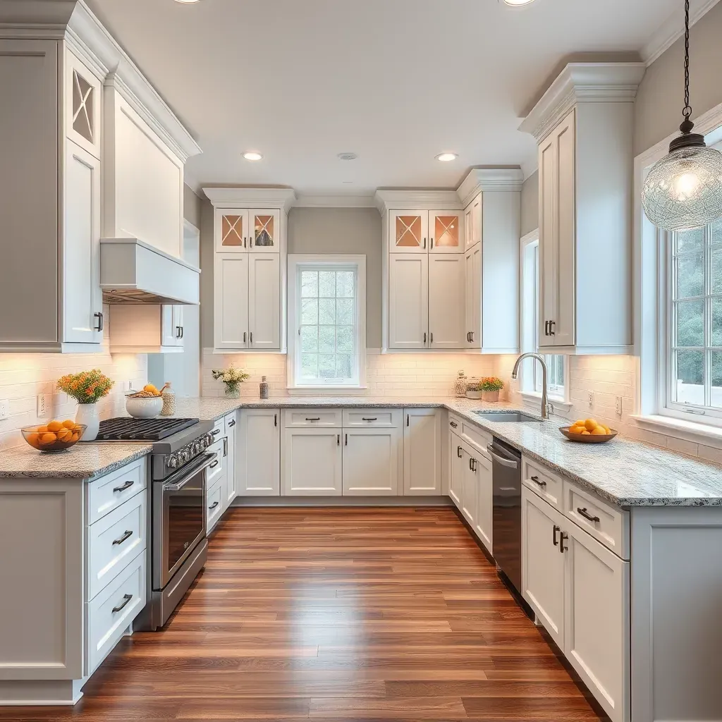 Modern Windsor Hills, VA kitchen with white cabinets, black hardware, quartz island, stainless appliances, subway tiles, and hardwood floors.