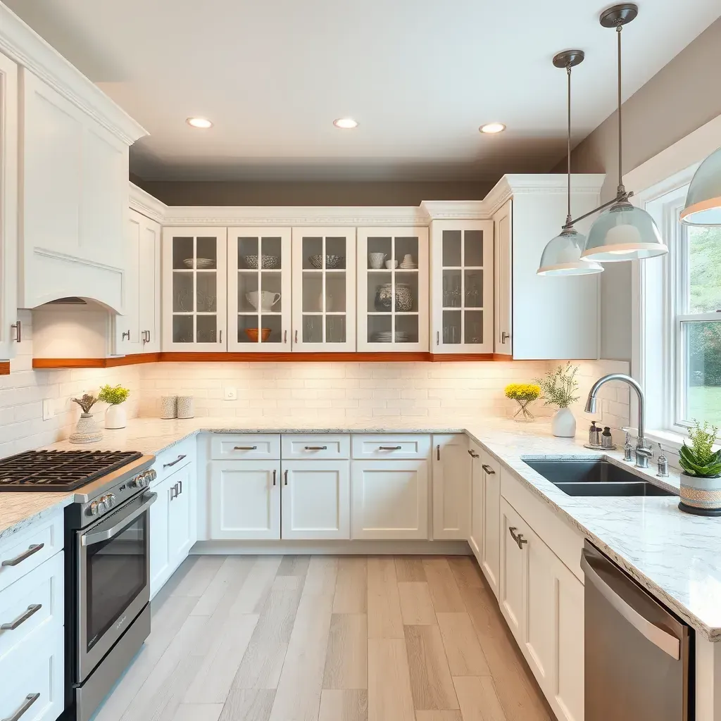 Modern Wyndham, VA kitchen featuring white shaker cabinets, a quartz island, hardwood floors, stainless steel appliances, and warm ambient lighting.