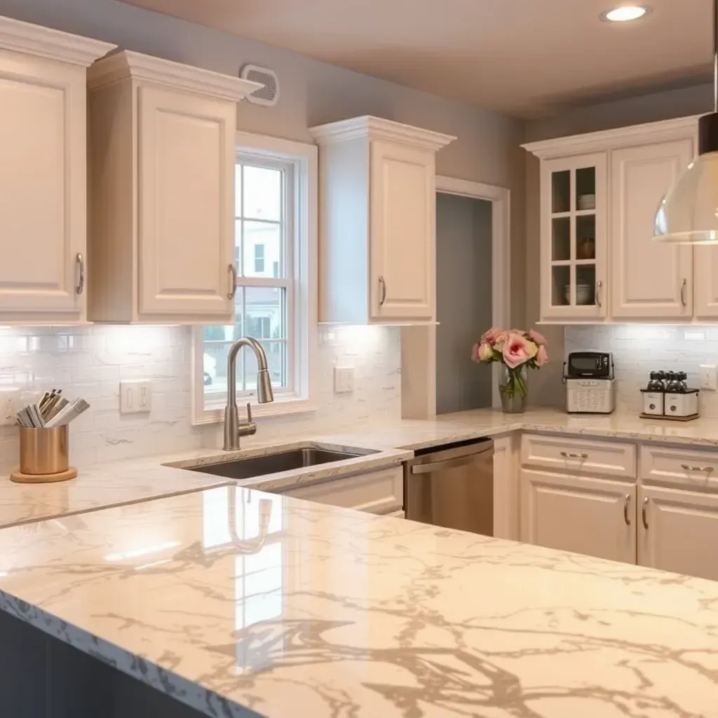 Luxurious quartz countertops with grey veining in a modern Richmond, VA kitchen featuring sleek cabinetry and natural light.