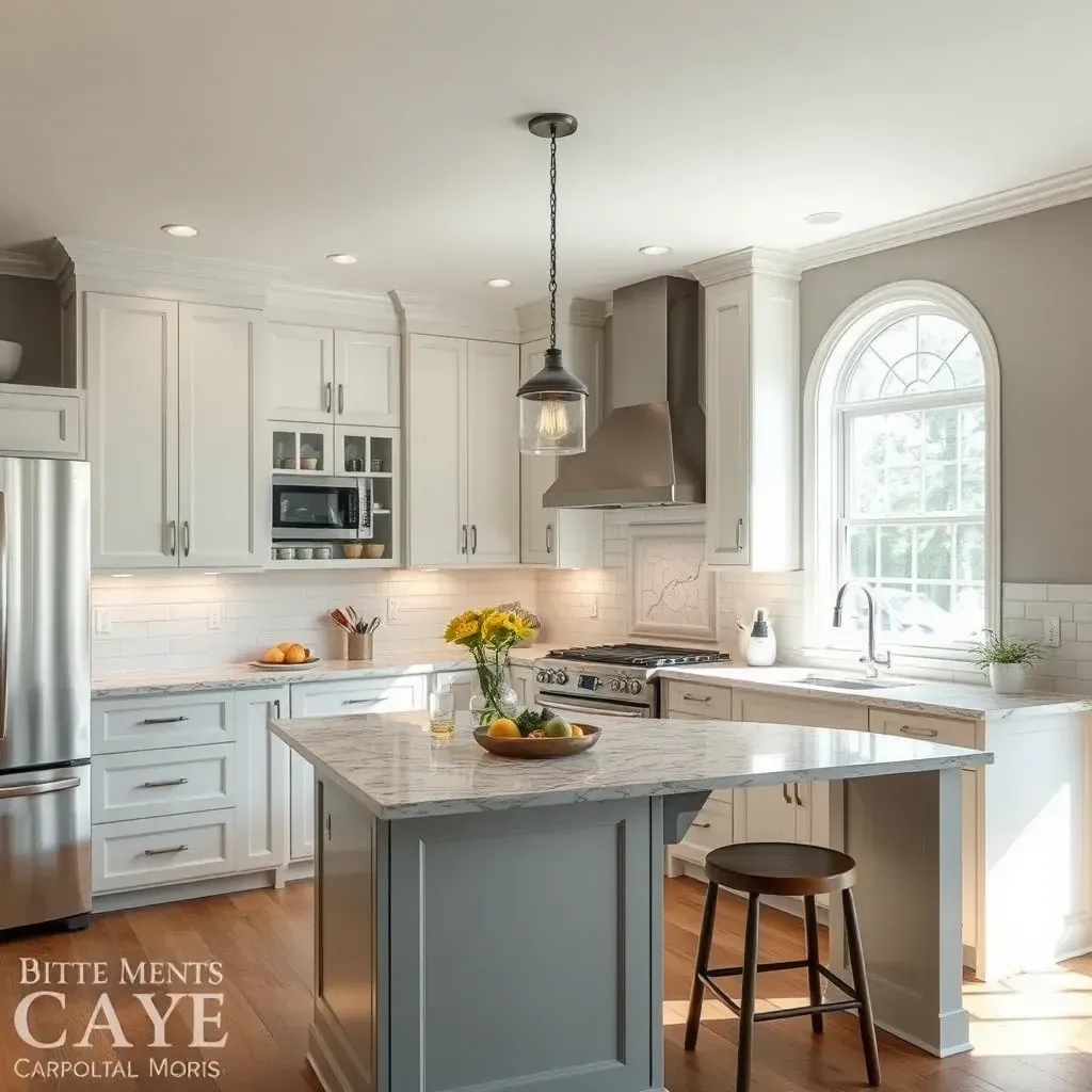 Modern Carytown, VA kitchen with white cabinets, marble island, hardwood floors, stainless steel appliances, and natural light.