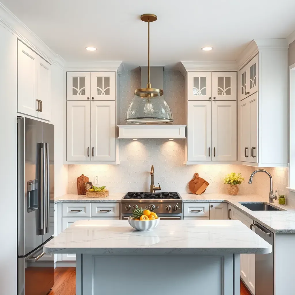 Chester, VA kitchen with white Shaker cabinets, granite island, subway tile backsplash, stainless appliances, and hardwood floors.