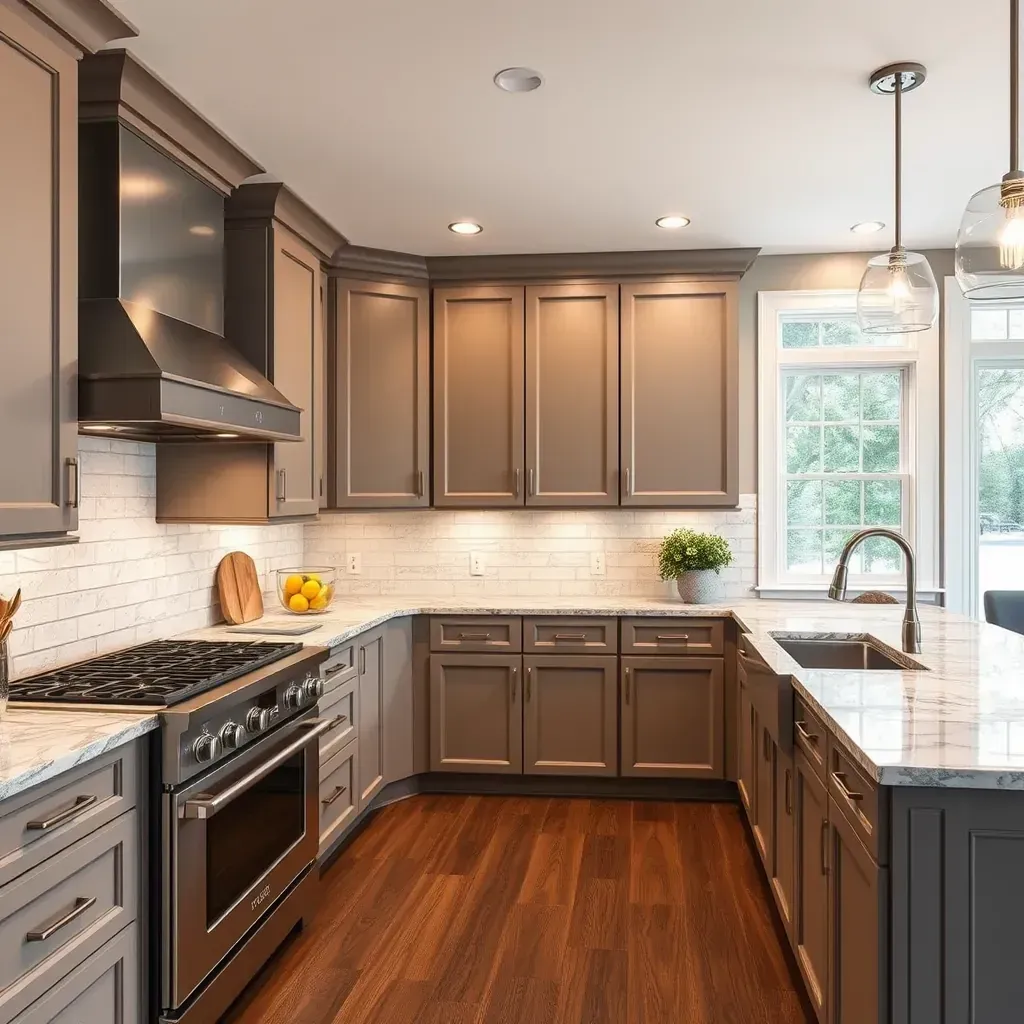 Modern Bellwood, VA kitchen with white matte cabinets, quartz counters, island, stainless appliances, and natural light.