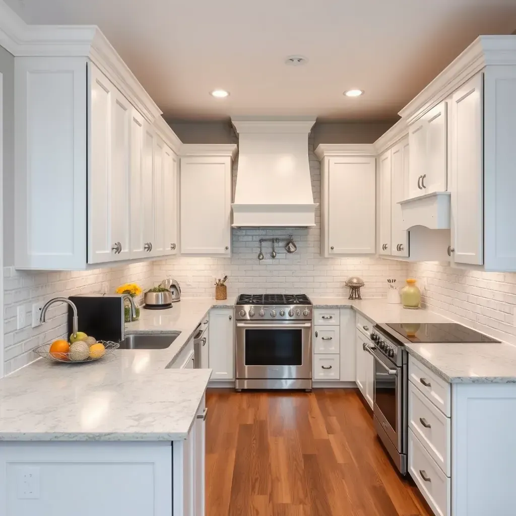 Modern Moseley, VA kitchen with neutral cabinets, quartz counters, mosaic backsplash, stainless appliances, and hardwood floors.