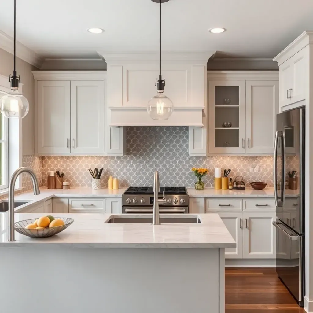 Detailed modern kitchen with white quartz counters, dark hardwood floors, gray shaker cabinets, stainless appliances, and large windows.