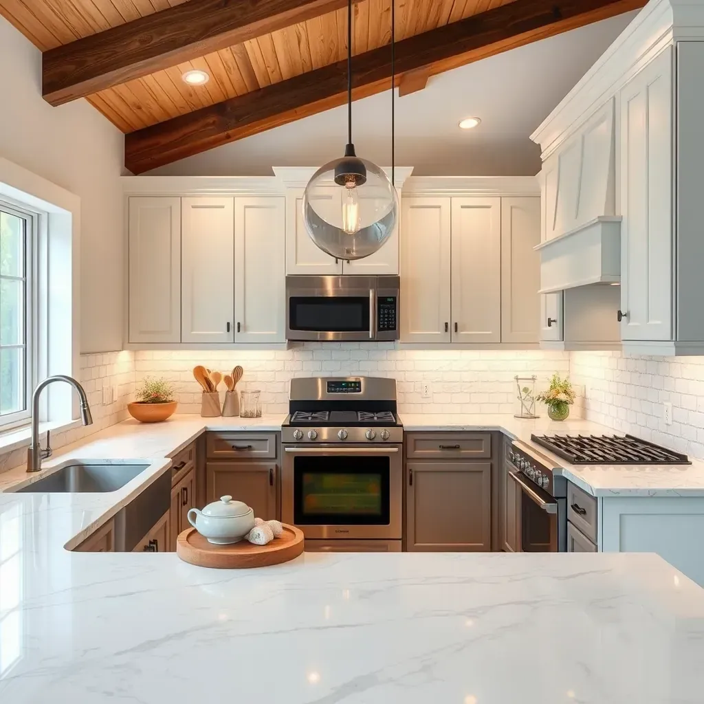 Modern Innsbrook kitchen with white marble countertops, dark cabinetry, stainless appliances, hardwood floors, and natural light.