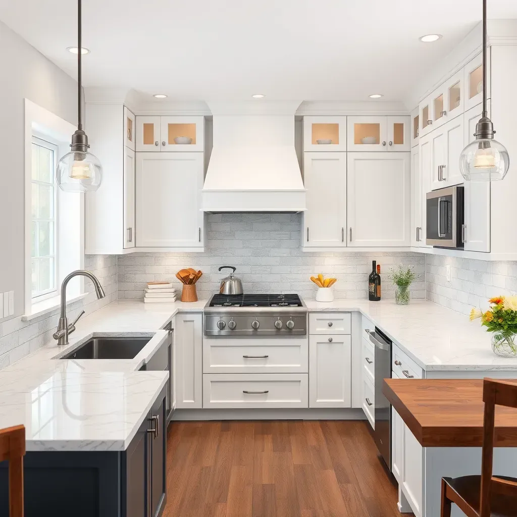 Modern Richmond kitchen with large windows, sleek grey cabinets, quartz countertops, wooden island, and stainless steel appliances.