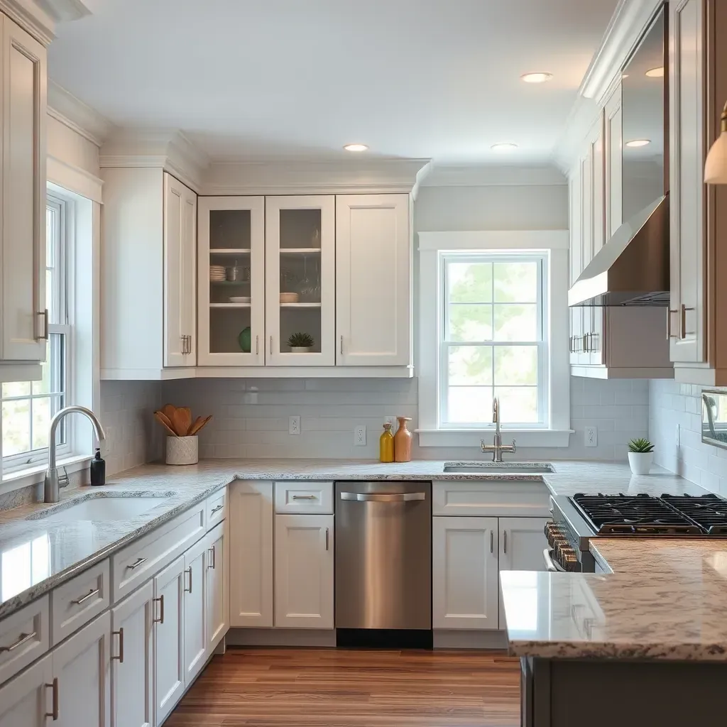 Modern Lakeside VA kitchen with granite countertops, wood cabinetry, stainless appliances, and large windows.