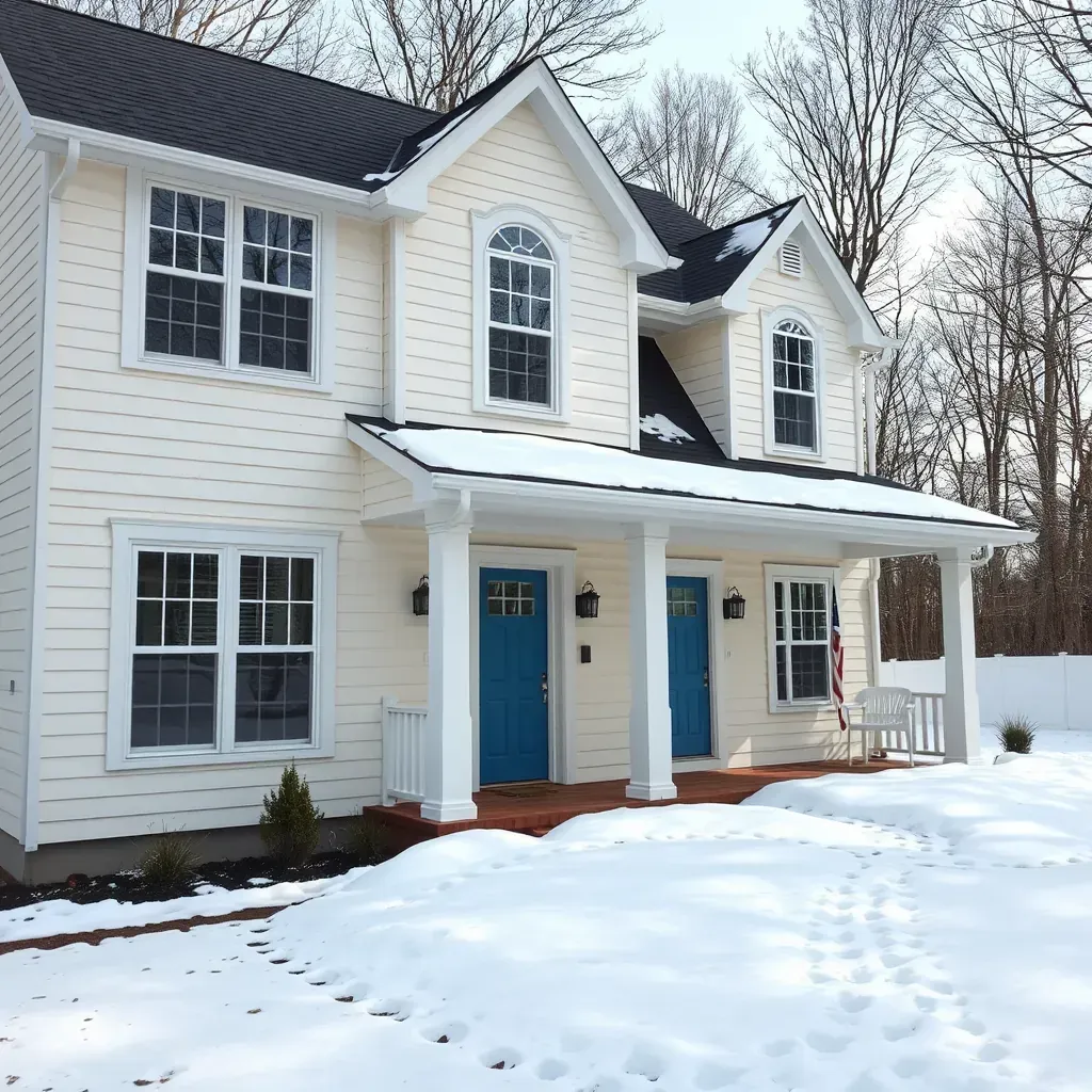 Winterpock, VA, winter scene showcasing a renovated home, snow-covered yard, construction equipment, no people.