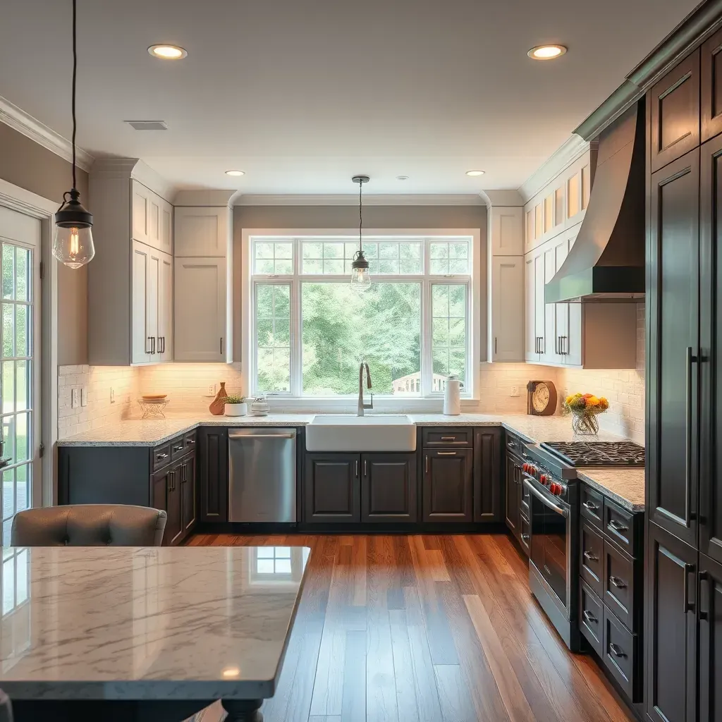 Modern Moseley, VA kitchen with oak cabinets, quartz countertops, island with butcher block, stainless appliances, and natural light.