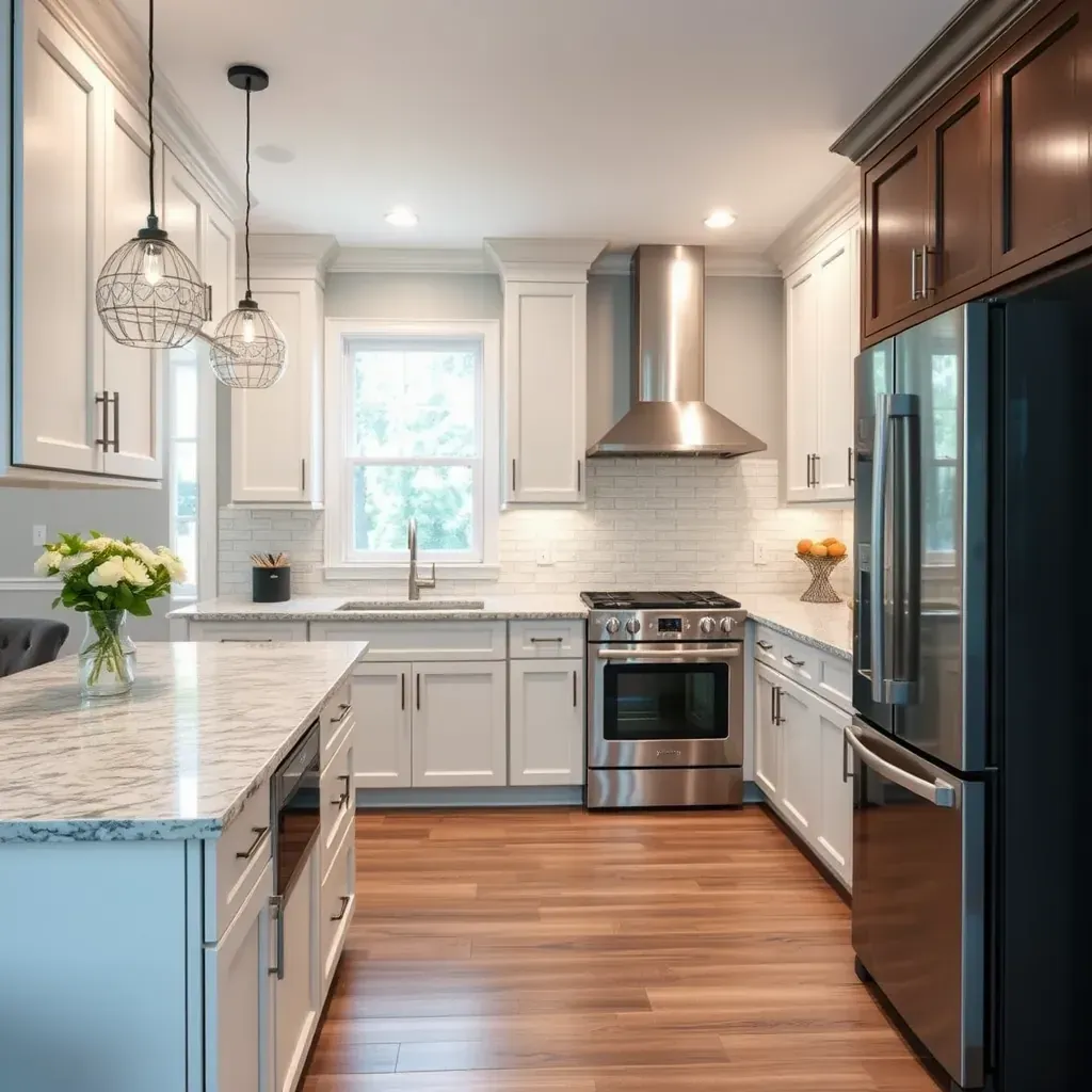 Modern Innsbrook, VA kitchen with gray cabinetry, quartz counters, stainless appliances, and hardwood flooring.
