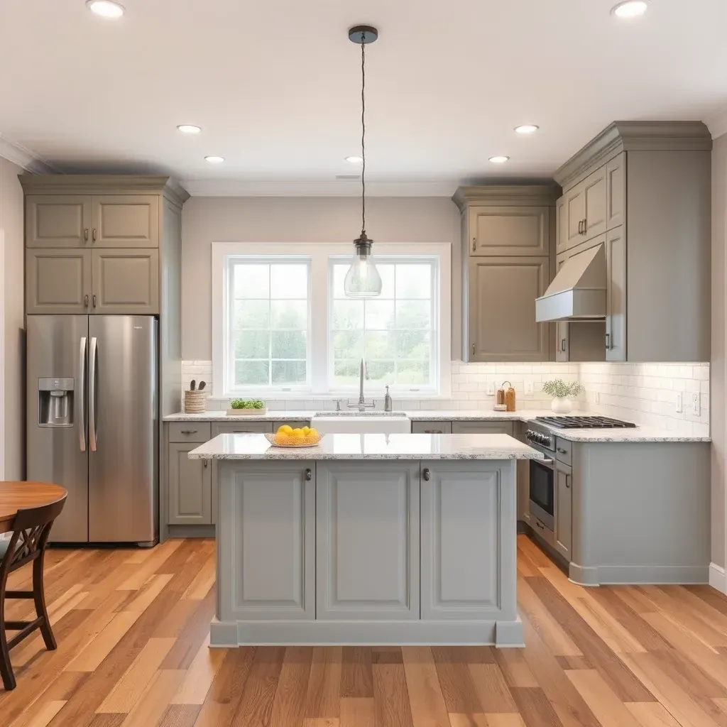 Modern Mooreland Farms kitchen with granite counters, white cabinets, stainless steel appliances, and hardwood floors.