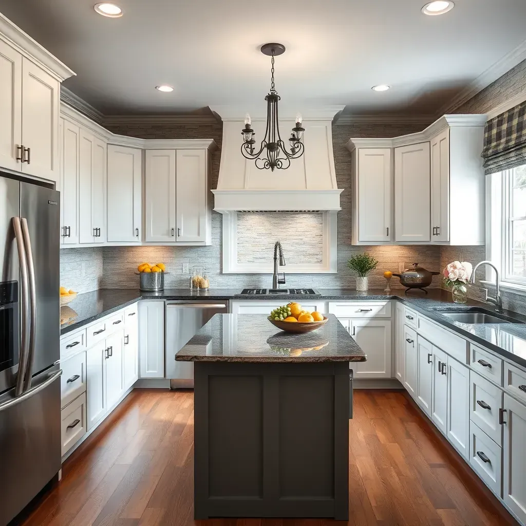 A modern kitchen in Windsor Hills, VA featuring granite countertops, sleek cabinets, stylish lighting, and contemporary design.