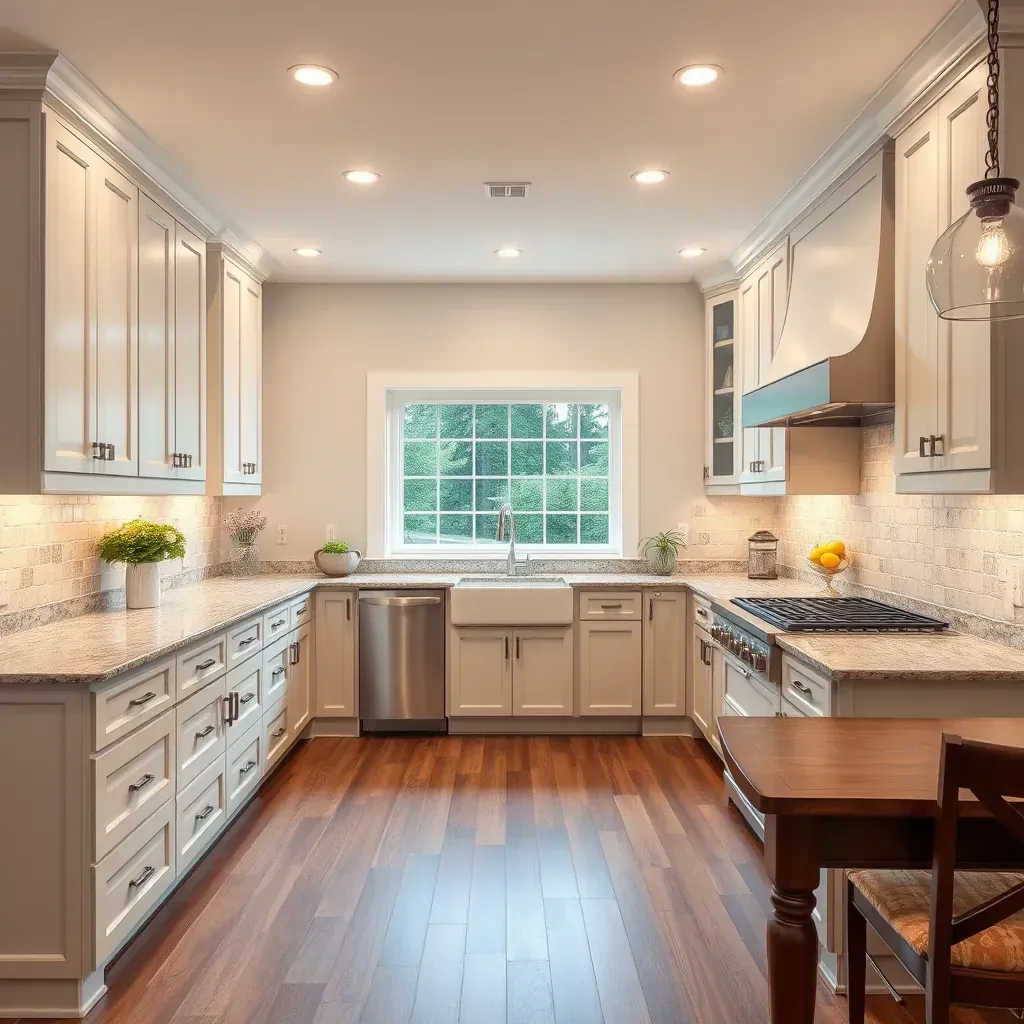 Modern Moseley, VA kitchen with sleek matte cabinets, granite and quartz counters, stainless steel appliances, and hardwood floors.
