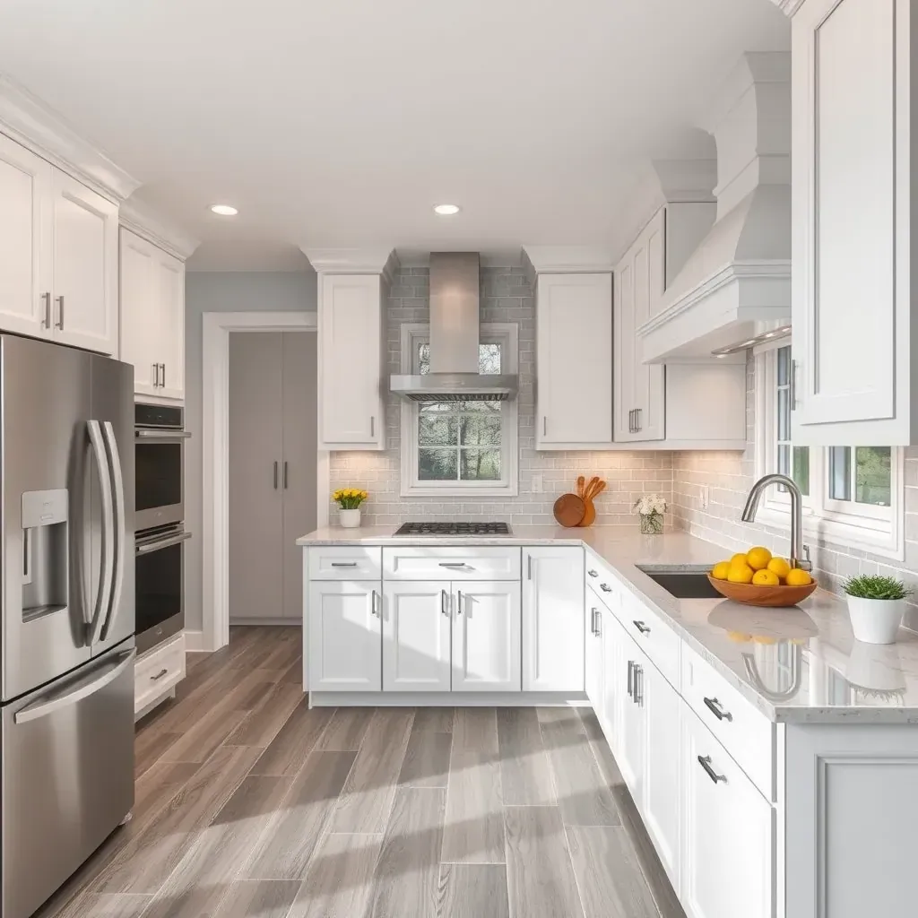 Modern Chesterfield, VA kitchen with white and wood cabinets, gray quartz island, subway tile backsplash, stainless appliances.