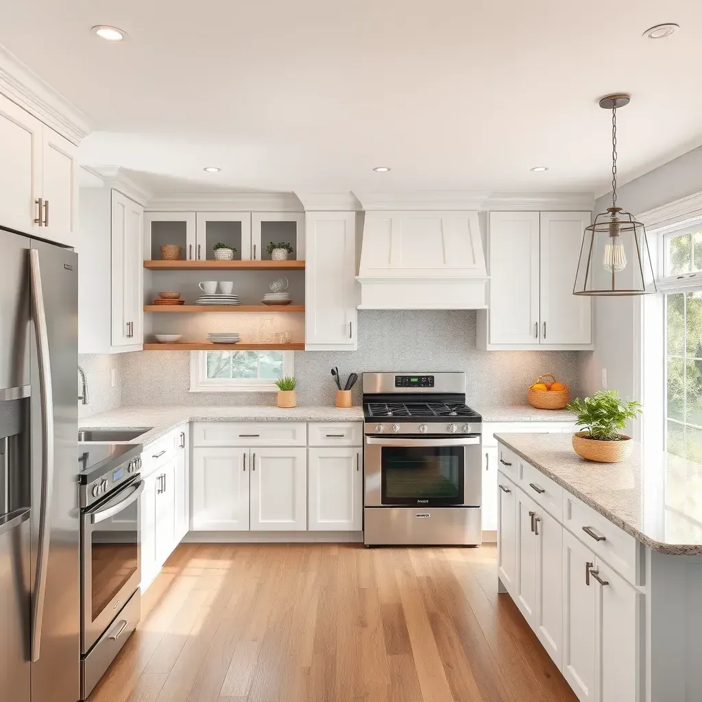 Modern Mechanicsville kitchen with granite countertops, white cabinetry, stainless steel appliances, hardwood floors, and natural light.