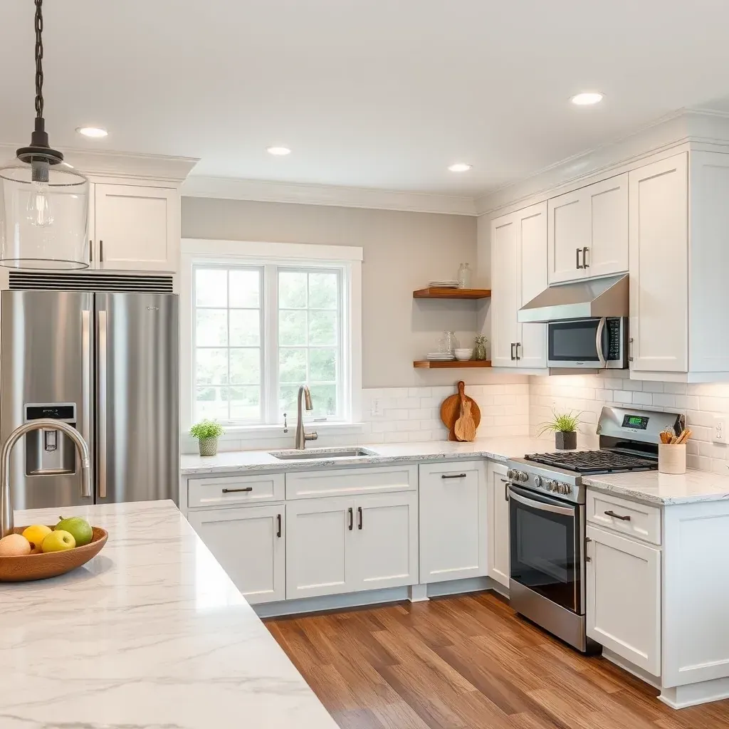 Modern Chester, VA kitchen with white cabinets, gray quartz island, stainless steel appliances, hardwood floors, and natural light.