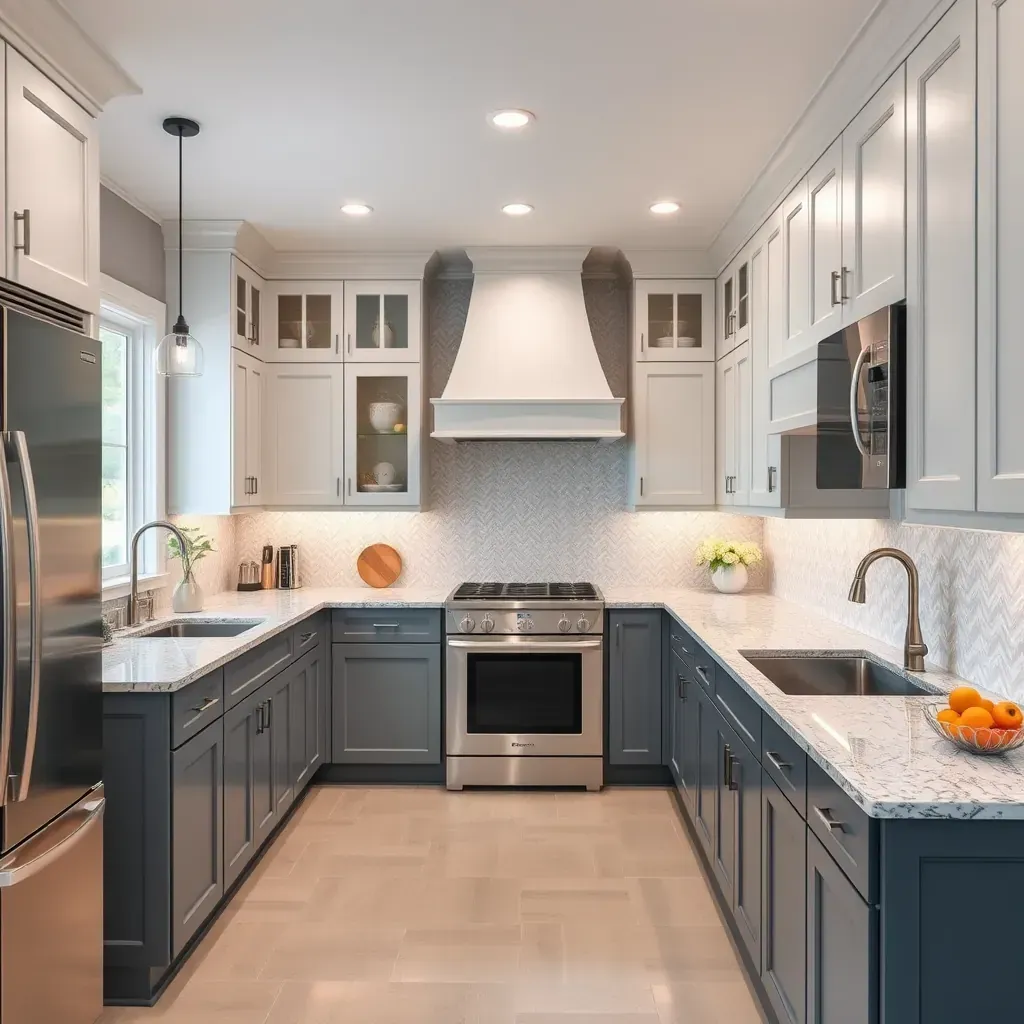 Modern kitchen remodeling in Midlothian, VA with quartz countertops, warm wood cabinets, stainless steel appliances, and a large island.