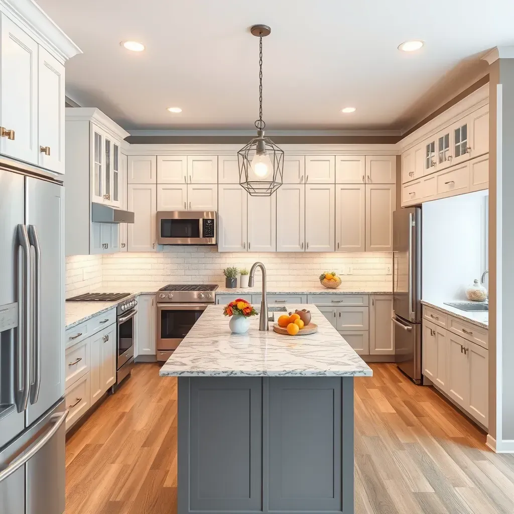 Modern Carytown kitchen with gray quartz countertops, dark wood cabinets, stainless appliances, large windows, and warm hardwood floors.