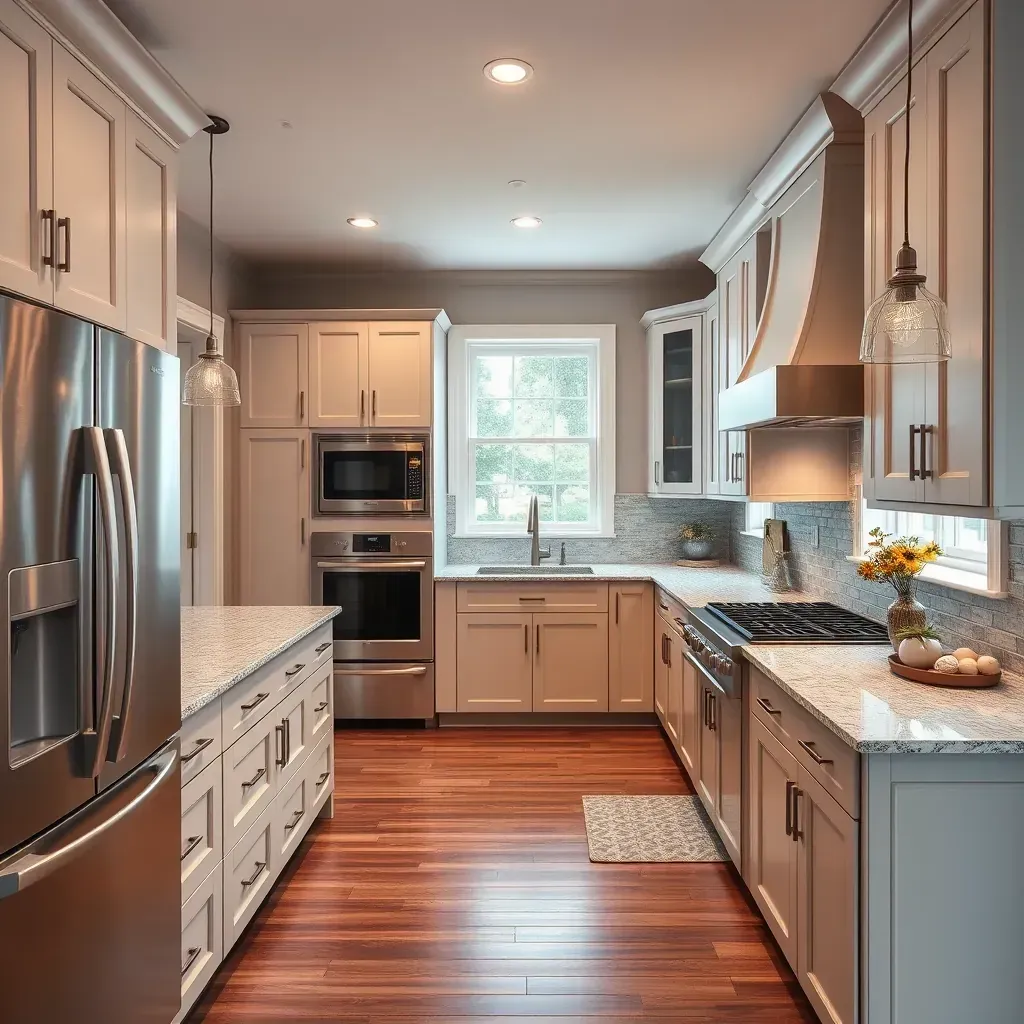 Modern Glen Allen kitchen with white cabinets, quartz countertops, stainless appliances, herringbone backsplash, hardwood floors.