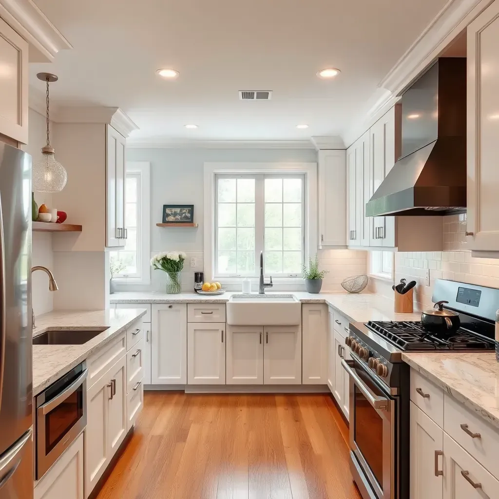Modern remodeled kitchen in Richmond's Fan District with navy cabinets, quartz countertops, stainless appliances, hardwood floors.