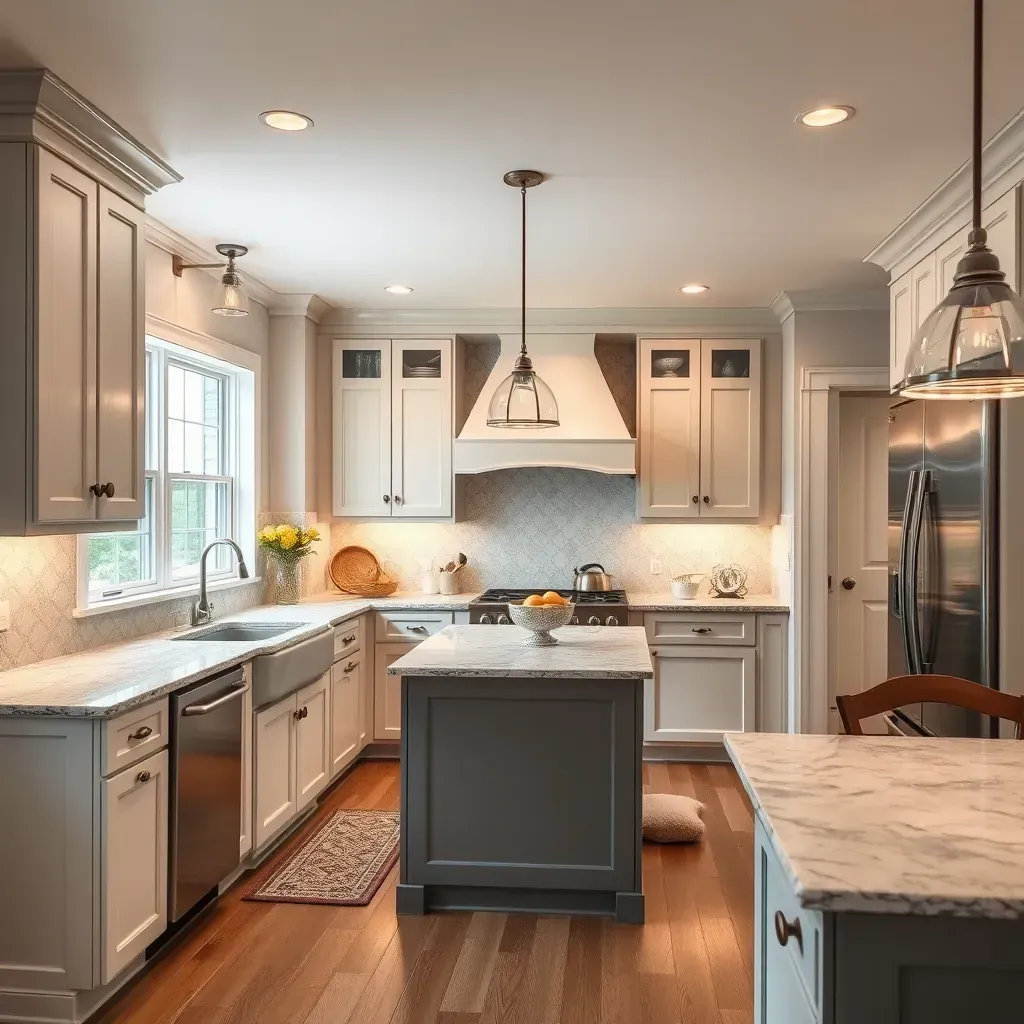 Modern Chester, VA kitchen remodel featuring sleek cabinetry, stainless steel appliances, quartz countertops, hardwood floors, and lush outdoor views.