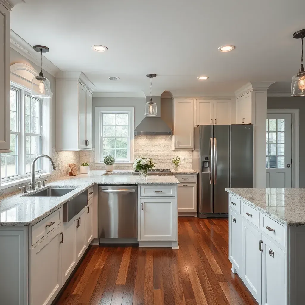 A modern kitchen in The Grove, VA with sleek cabinetry, stainless steel appliances, and bright, natural lighting.