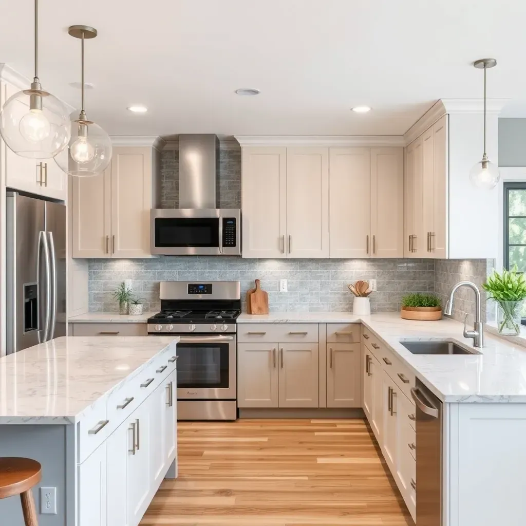 A modern kitchen remodel in The Grove, VA with sleek cabinets, a central island, stainless steel appliances, and stylish lighting.