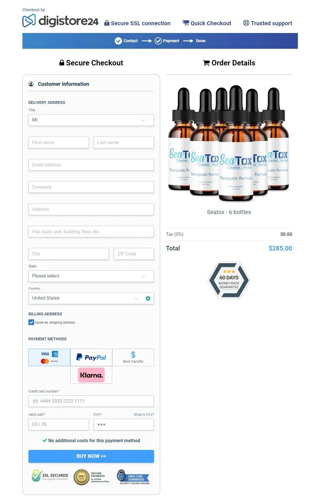 SeaTox Order Page