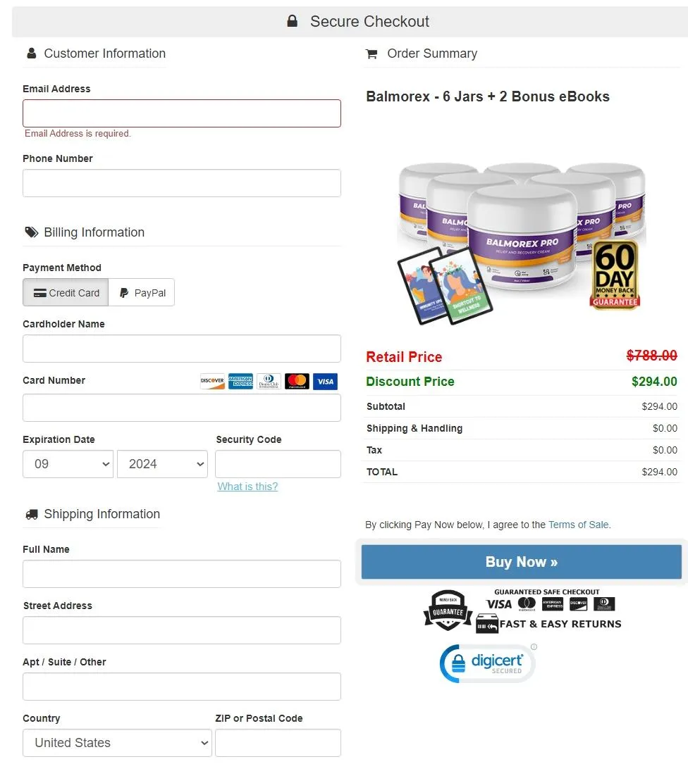 Balmorex Pro checkout page