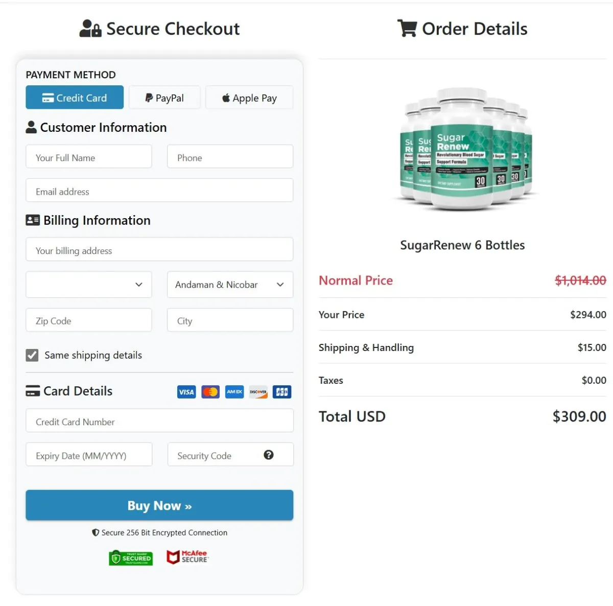 Sugar Renew order page