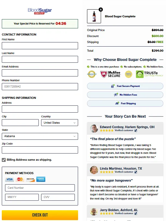 Blood Sugar Complete order page