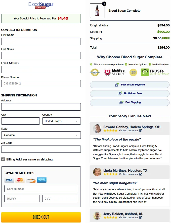 Blood Sugar Complete order page