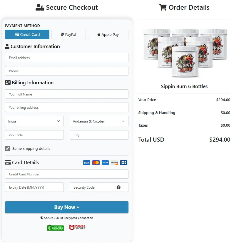 Sippin Burn Order Page