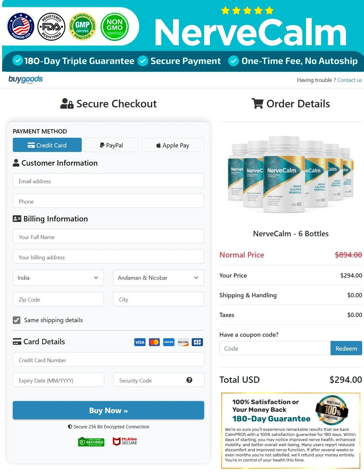 NerveCalm order page