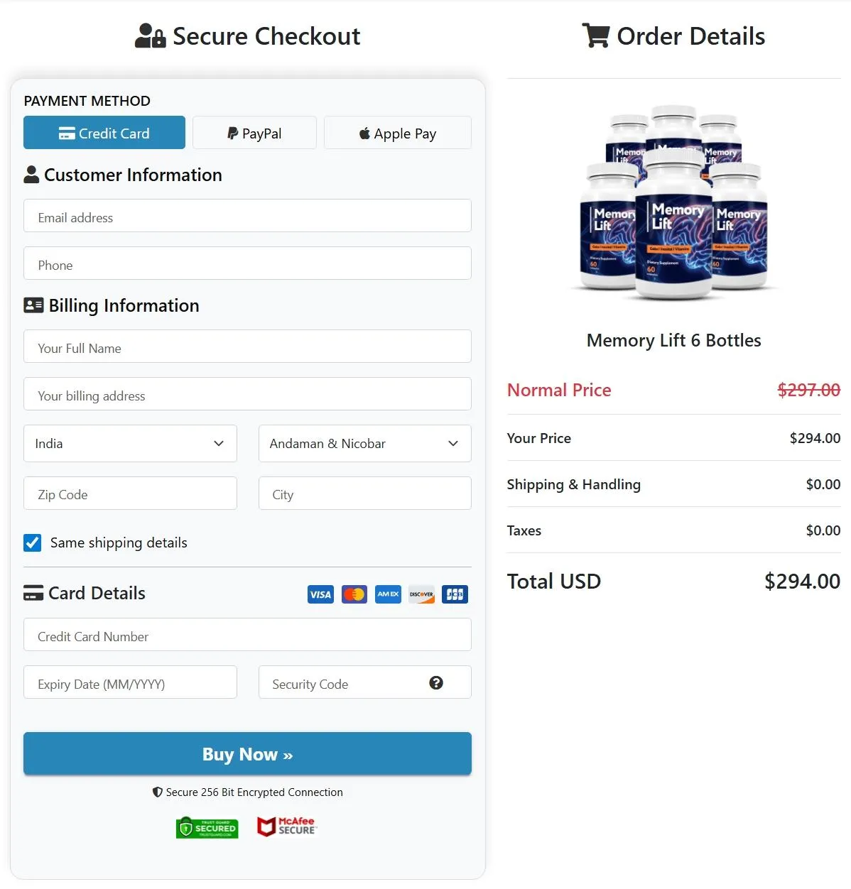Memory Lift order page