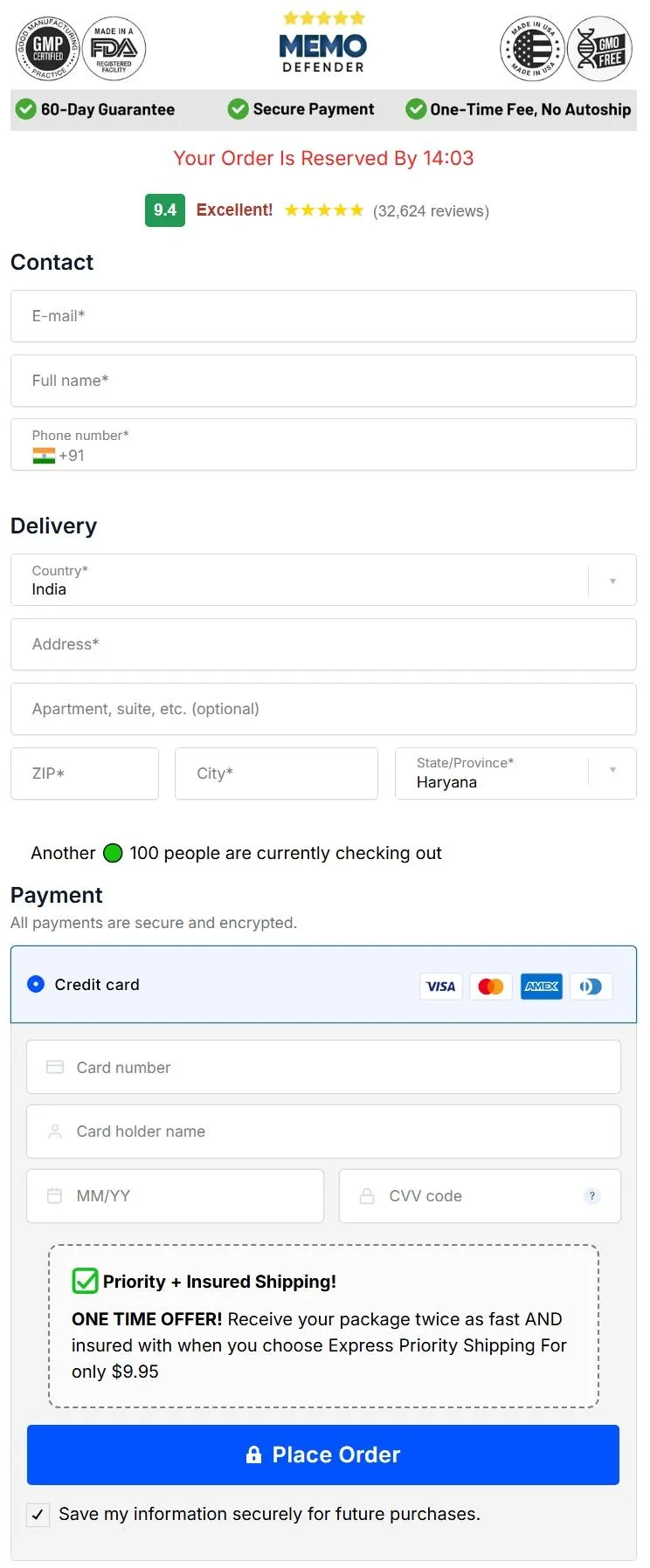 Memo Defender order page