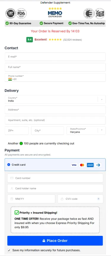 Memo Defender Order Page