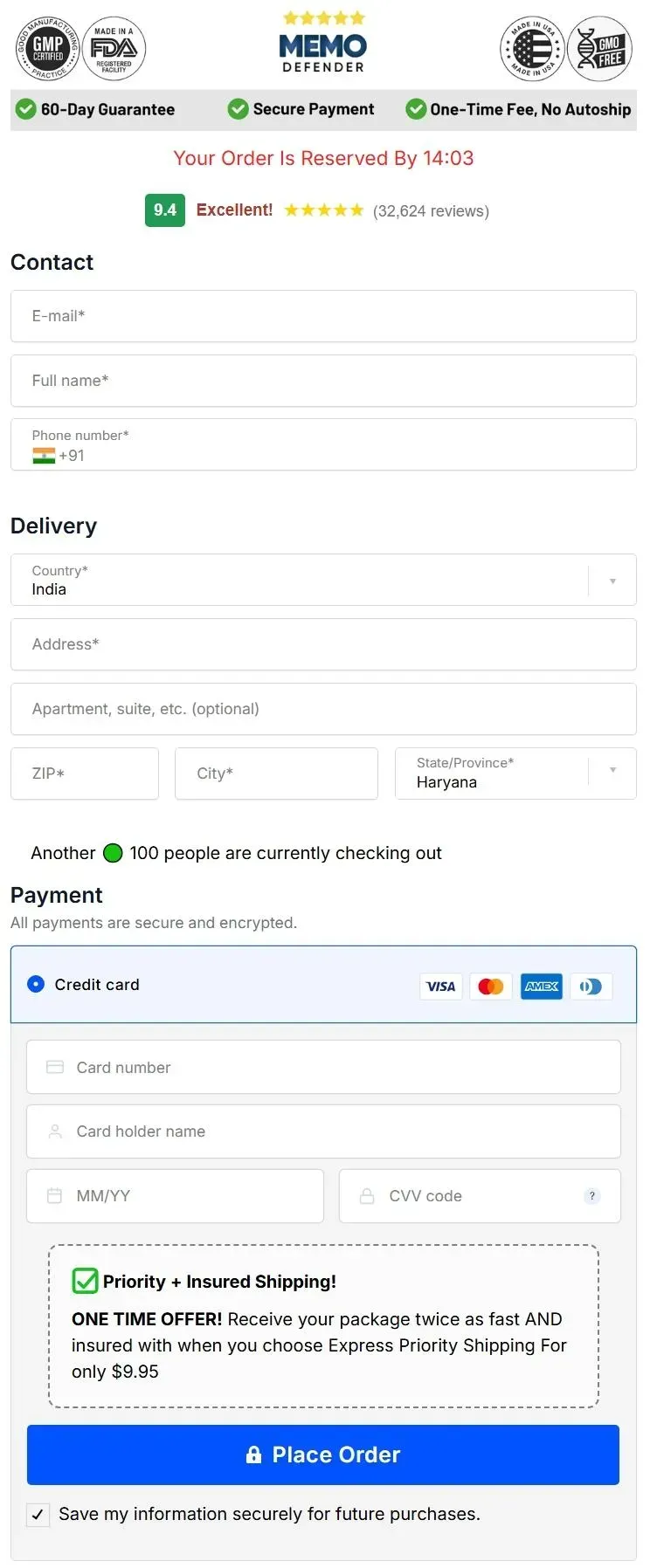 Memo Defender Order Page