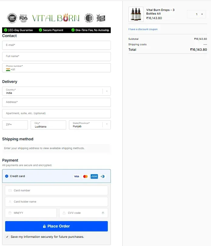 Vital Burn Order Page