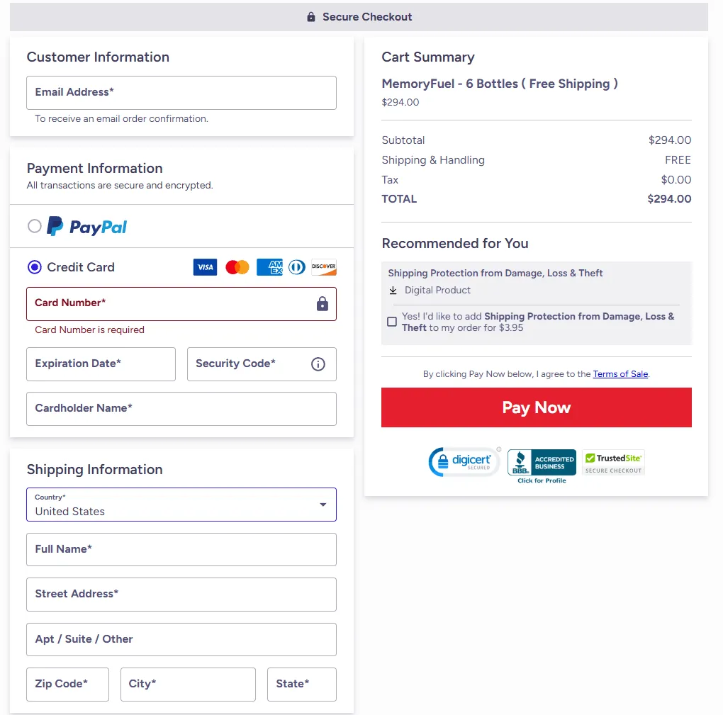 MemoryFuel Order Page
