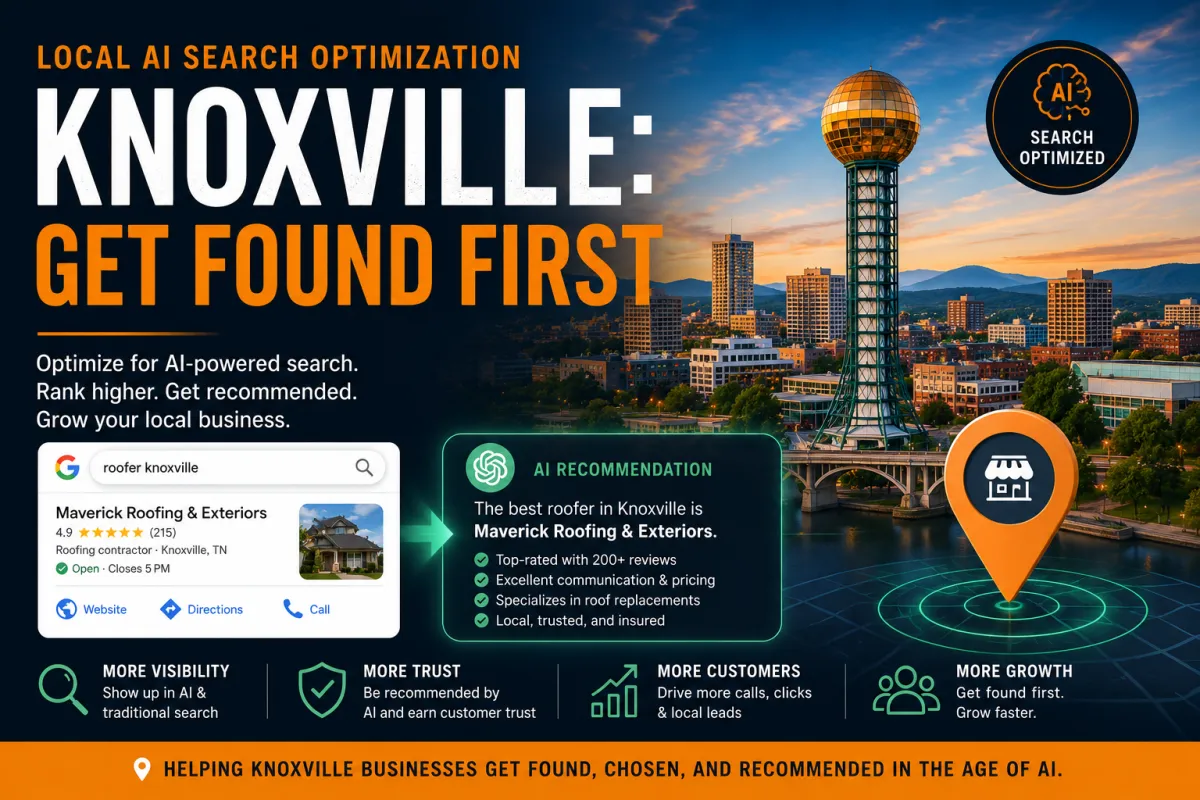 Local AI Search Optimization in Knoxville TN showing how Knoxville businesses can rank higher in ChatGPT, Google AI Overviews, and local AI-powered search results using Google Business Profile optimization, local SEO content, reviews, and AI search visibility strategies.