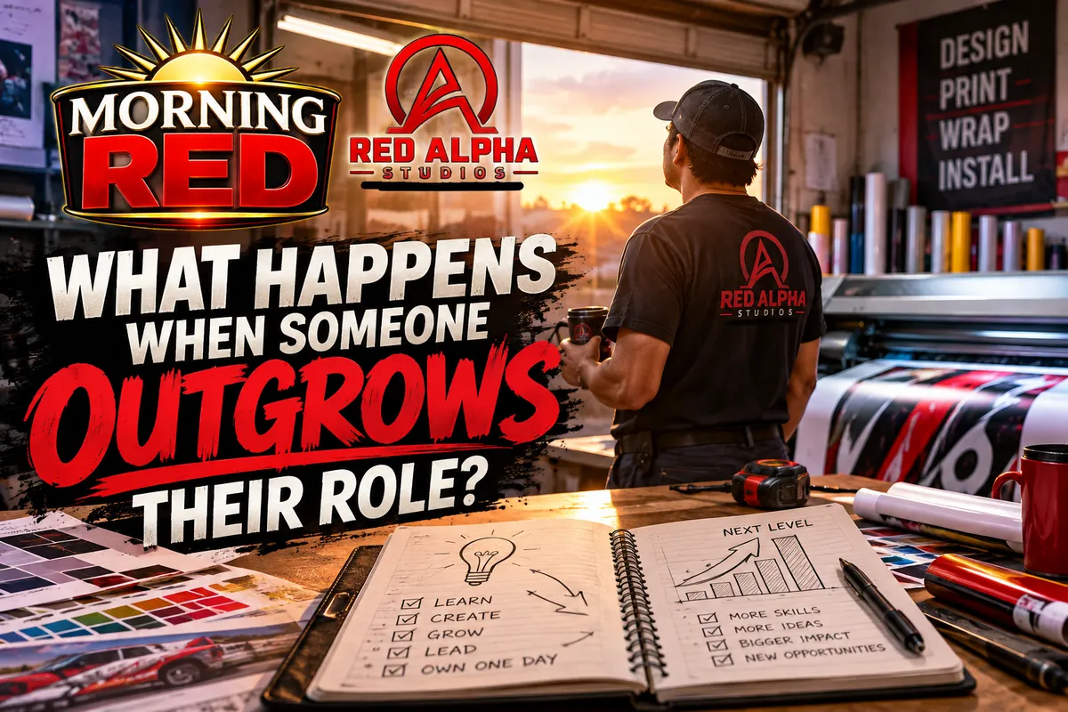 Morning Red editorial illustration of employee growth and leadership opportunities inside a custom printing business.