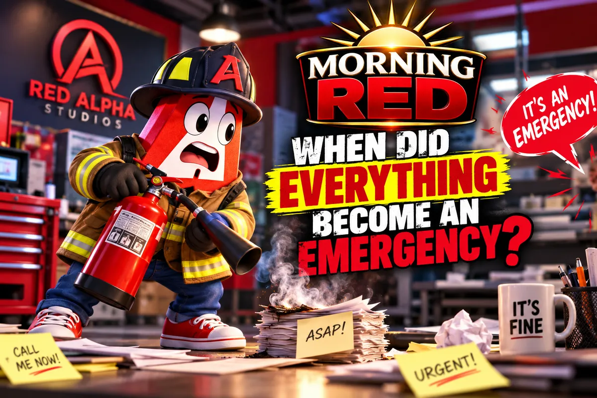 Red Alpha mascot Reddy dressed as a firefighter responding to a small paperwork emergency. Morning Red graphic titled “When Did Everything Become an Emergency?”